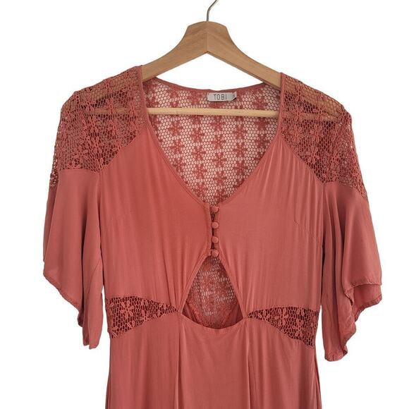 Tobi Coral Pink Lace Cuttout Button Front Accent Sheere Back Slit Maxi Dress S - Picture 9 of 15